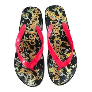 Sam Edelman | Women’s Red Strap Flip Flop Sandals Black Floral Platform Size 9